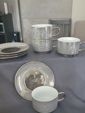 Striped Ceramic Coffee Cup and Saucer Set - White and Mercury